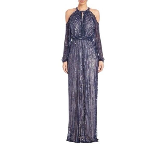 Parker Black Sequin Cold Shoulder Embellished Gown Leg Slit Blue Size 2 Elegant - Picture 5 of 6